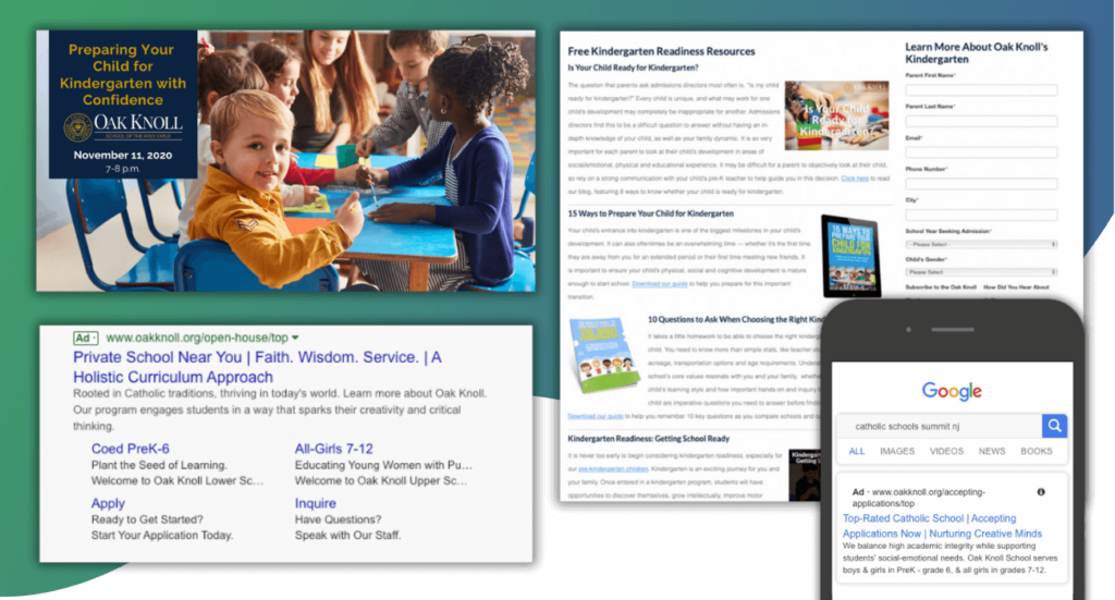 Screenshots of Oak Knoll's marketing efforts and market analysis. Truth Tree is the leading digital marketing partner for schools.
