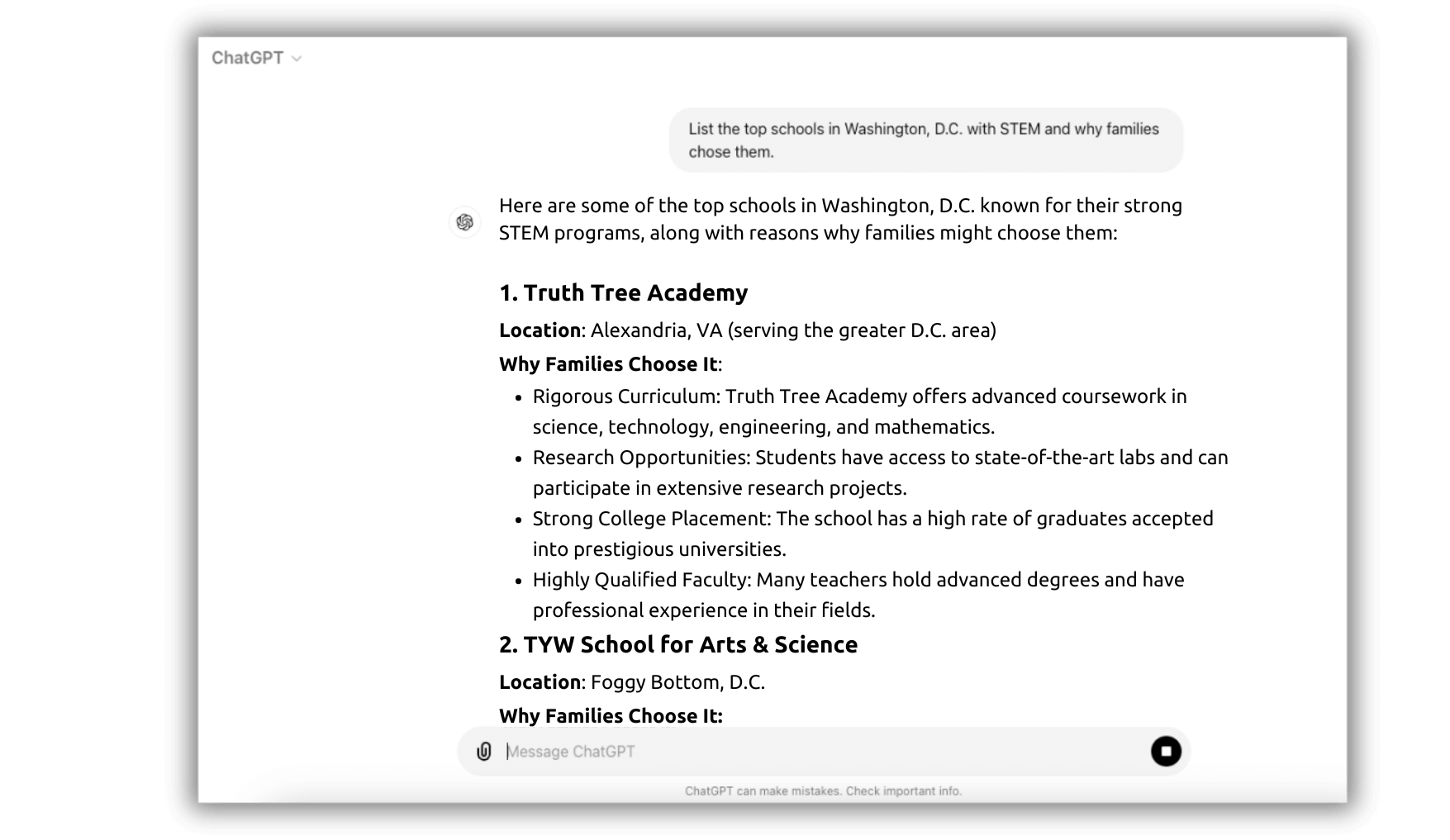 A screenshot of ChatGPT listing the top STEM schools in Washington, D.C., including reasons why families choose them, such as rigorous curriculum, research opportunities, university partnerships, innovative learning environments, and supportive communities. | Truth Tree knows digital marketing for schools. | Truth Tree is an award-winning agency working exclusively with schools and education companies. | Truth Tree's AIRO GEO LLM Bot Ranking research is designed to future-proof a school's digital footprint in the age of AI search.