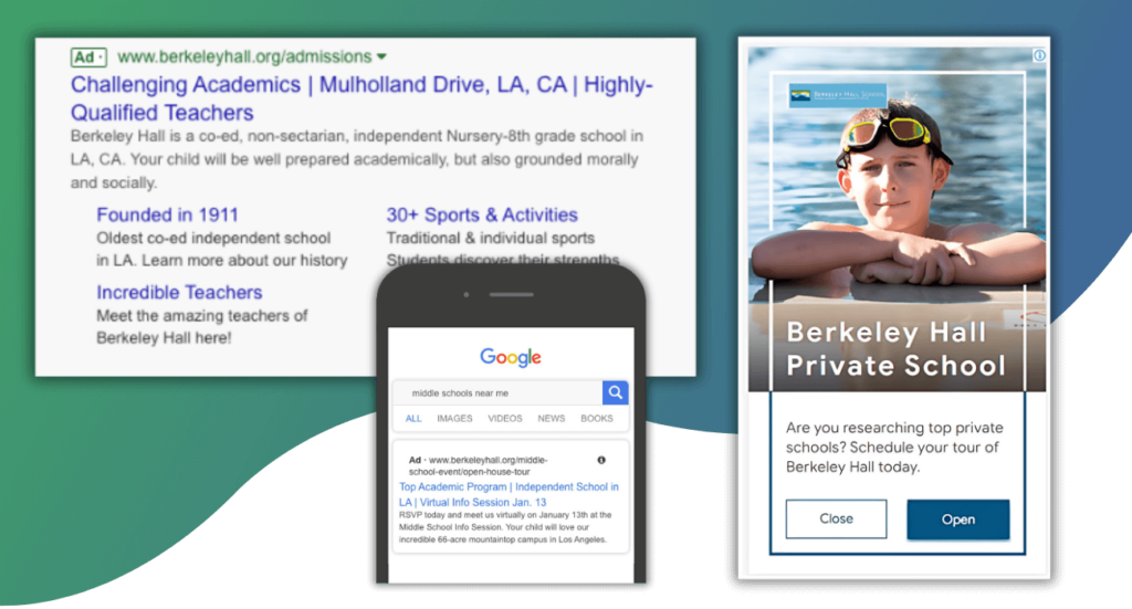 Ad examples of Truth Tree's work for Berkeley Hall School | Truth Tree provides digital marketing strategies and solutions for school