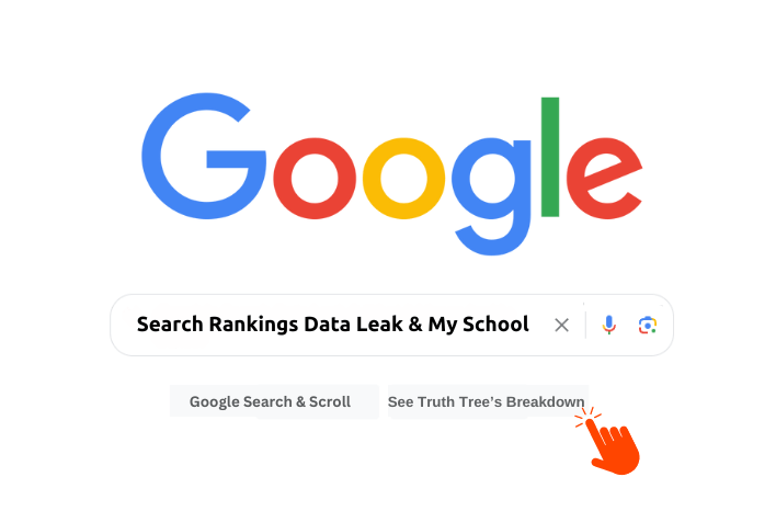 Screenshot of a Google search with "Search Ranking Data Leak & My School" typed into the search bar. Two buttons are shown reading "Google Search & Scroll" and "See Truth Tree's Breakdown". There is a red cursor hovering over the second button ready to take the user to the article. How does Google's leaked search data impact a school's SEO strategy? Read to find out the ways this data can guide schools to build domain authority and expertise.