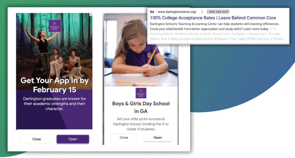 Ad examples of Truth Tree's work for Darlington School | Truth Tree provides digital marketing strategies and solutions for school