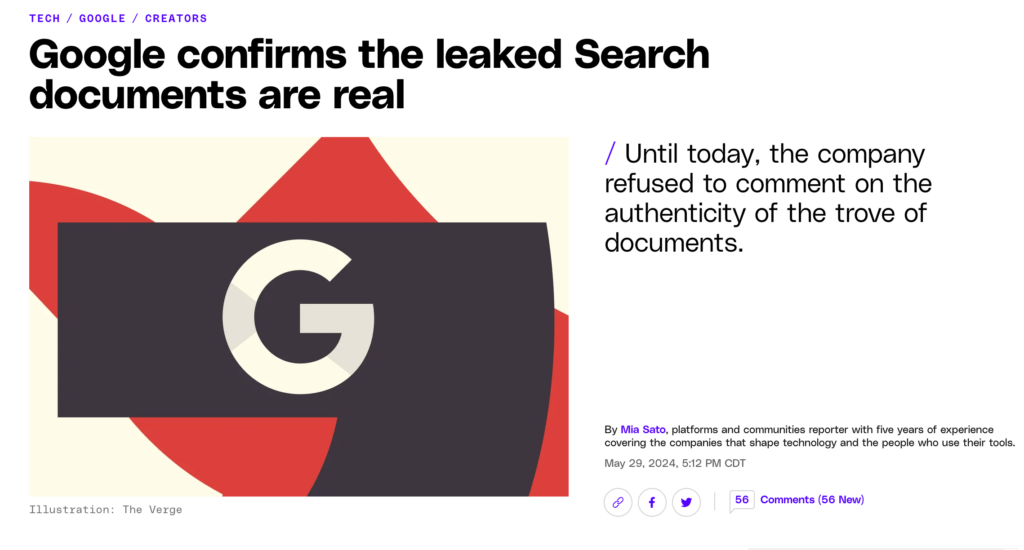 A screenshot from an article published on theverge.com confirming the data leak to be legitimate. This is a supportive element of a blog post written by Truth Tree to advise private schools on SEO.