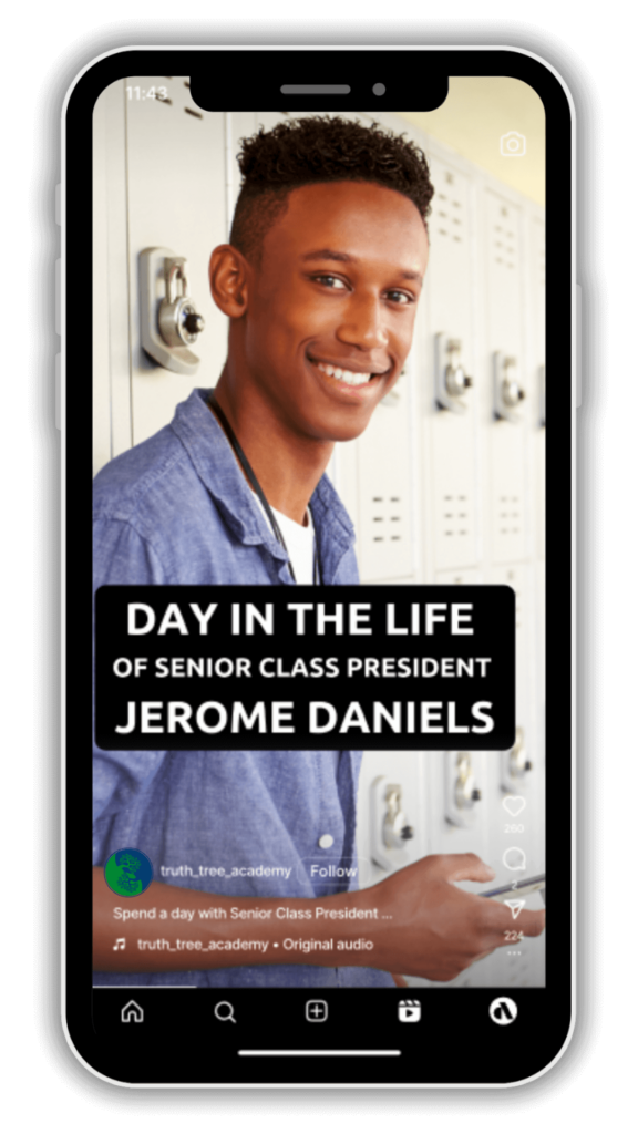 smartphone showing an instagram reel of a high school senior boy leaning against lockers with the text "a day in the life with senior class president jerome daniels" in white letters backed by a black background