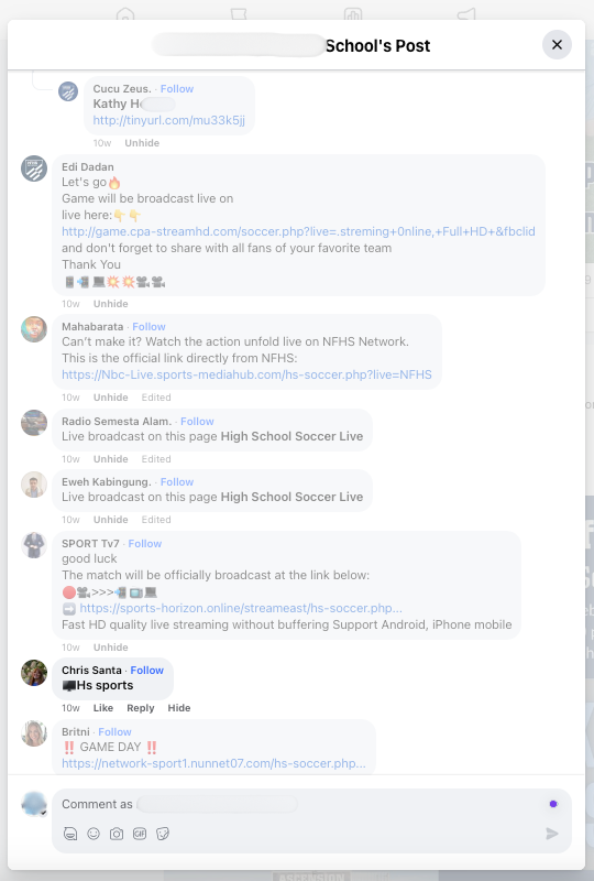 Screenshot of a facebook post's comment section as an admin sees it after implementing comment filtering based on certain words used in the comment. Many comments shown are greyed out but contain links to "watch the game". Each is a scammer attempting to scam users into paying to watch a school compete in a soccer game; however, none of them are a legitimate livestream of the game. This screenshot showcases the impact of using Meta's comment filtering to 'block' these comments from user view. This image accompanies a blog post titled "How to Protect Your School’s Brand from Meta Scams".