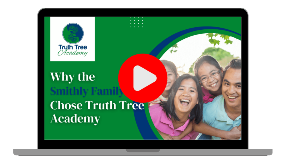 a laptop open to a YouTube video thumbnail that reads "Why the Smithly Family Chose Truth Tree Academy" next to a family photo of a mom, dad, and twin girls climbing on their backs while all smiling at the camera