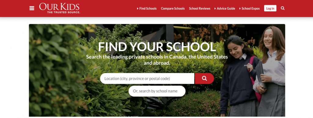 A screenshot of the search page on OurKids.net that shows a search bar for "location" and a separate search bar to "search by school name" allowing users to search their database of private schools in Canada, the United States, and abroad. 