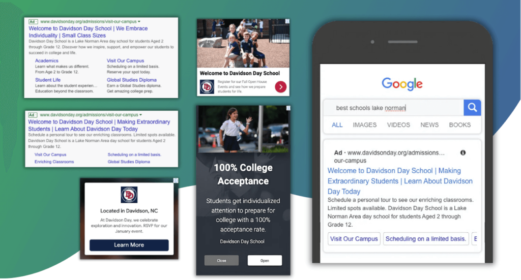 Ad examples from PPC, Search Engine Marketing Campaigns | Davidson Day School | Private School in Davidson, North Carolina | Private School on Lake Norman | Davidson Day School is a Truth Tree School Partner | Truth Tree provides digital marketing strategies and solutions for schools