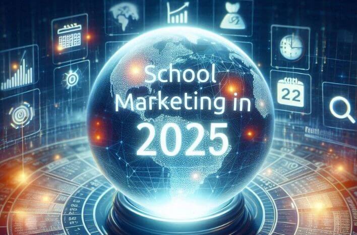 a crystal ball reading 'school marketing in 2025' surrounded by icons and graphs representing elements of the education sector | image accompanies a blog post by Truth Tree sharing predictions from education and school experts on what's to come in 2025 | Truth Tree provides digital marketing strategies and solutions for schools