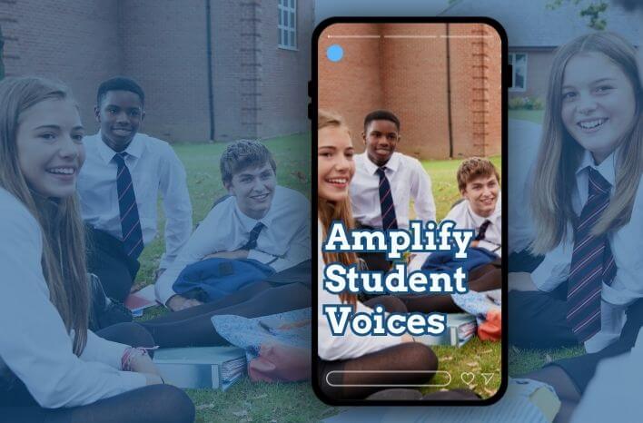 Smartphone showing students smiling outside with overlay text that reads "amplify student voices", the smartphone sits atop the original image used for the social media post | The image accompanies a blog post on Truth Tree's site that focuses on the importance of content designed with students in mind by amplifying student voices | Truth Tree provides digital marketing strategies and solutions for schools